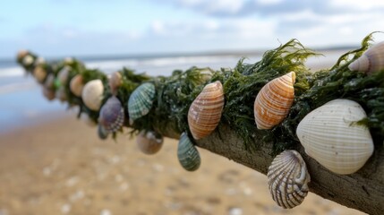 Handcrafted seaweed and seashell christmas garland on driftwood