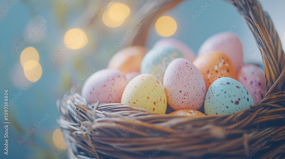 Poster Colorful speckled easter eggs resting in a wicker basket, creating a festive springtime scene with soft bokeh lights