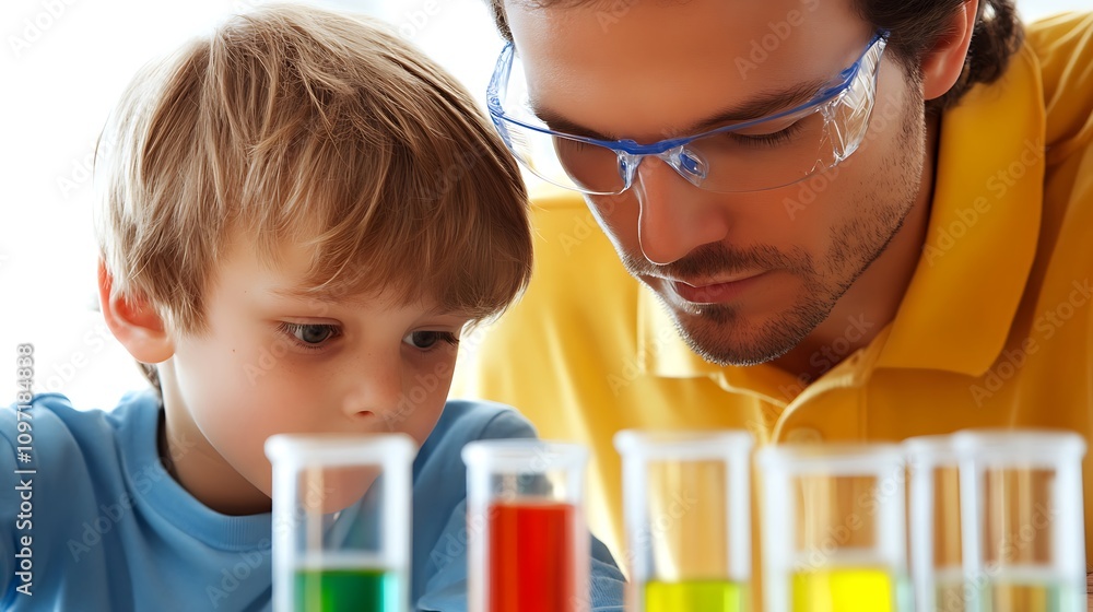 Poster a man and a boy observe colorful liquids in test tubes during a science experiment.