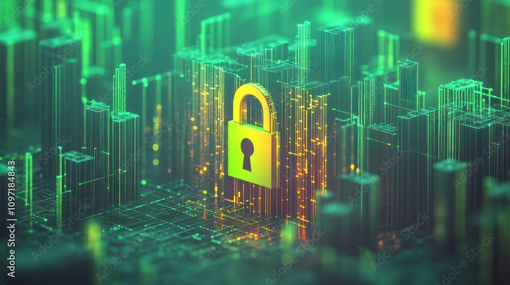 Leinwandbilder a digital representation of cybersecurity with a padlock symbol amidst data structures.