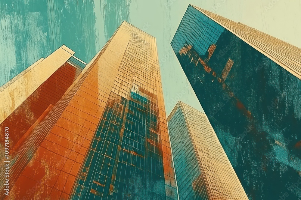 Aufkleber abstract view of skyscrapers with artistic color tones and reflections.