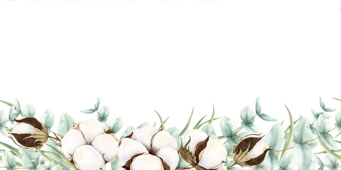 Cotton and green eucalyptus branches seamless border. Watercolor hand drawn illustration isolated on white background. Botanical painting for greeting cards, invitations, wedding design, web banners. © VaivaMi