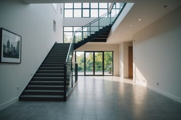 Fototapeta premium Bright interior hallway with modern design, featuring a staircase, glass railing, and a skylight