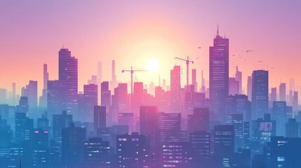 Fototapeta premium Futuristic Cityscape at Sunset with Construction Cranes