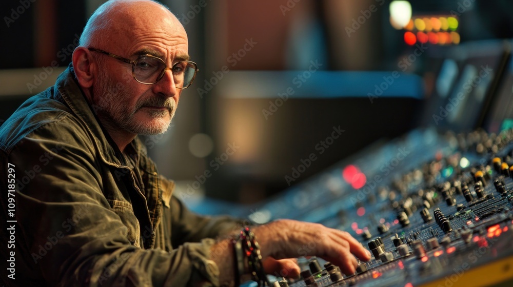 Poster bald man operating a sound mixing board