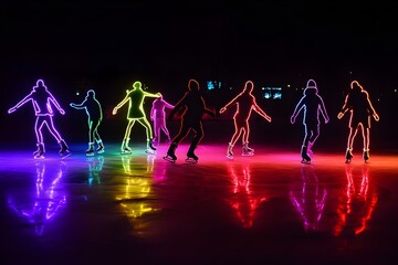 A vibrant neon sketch of a crowd gliding on ice at a winter carnival, set against a black background in a 3:2 ratio.