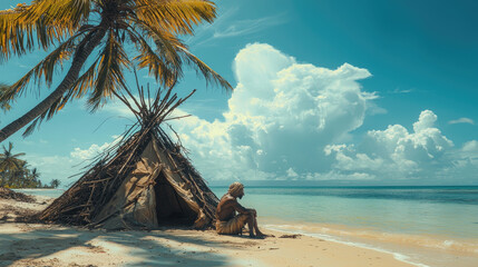 Lone man in rags sitting by small hut on deserted tropical beach with palm trees. Lost male person on uninhabited island in ocean. Concept of lost, sea, shipwreck
