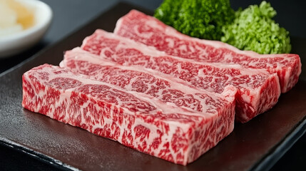 A collection of raw beef cuts, showcasing high-quality Wagyu beef, with marbling visible on the fat. The beef is fresh, with vibrant red and white contrast, highlighting its lean and fatty sections. 