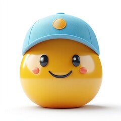 A vibrant emoji wearing a stylish blue cap radiates happiness through its smiling face and rosy cheeks