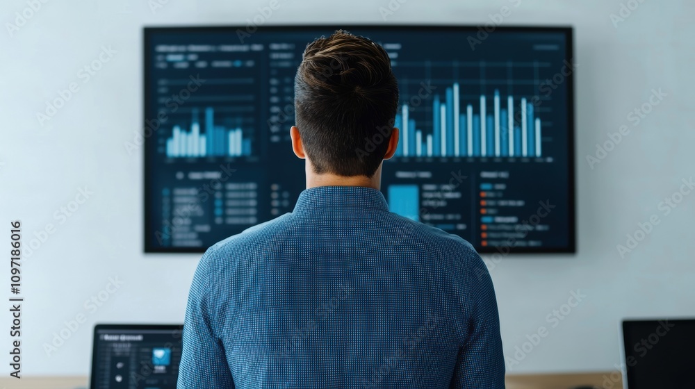 Aufkleber businessman analyzing data on a large screen with charts and graphs in a modern office