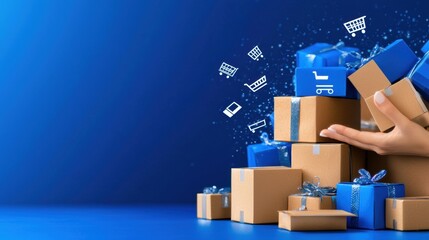 Pile of blue gift boxes and brown packages with shopping icons floating on a vibrant blue background.