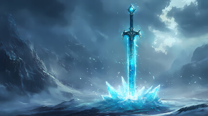 Obraz premium A glowing blue ice sword with a crystalline hilt stands on a swirling icy platform, surrounded by shards and a magical aura. Crystalline Ice Shards. Illustration