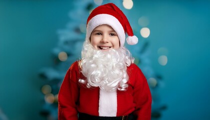 Obraz premium A kid dresses as Santa Claus on Christmas; cute and adorable kid in a Santa Claus costume; Christmas photography; xmas celebration with the kid dressing like Santa Claus; kid photography; fun kid