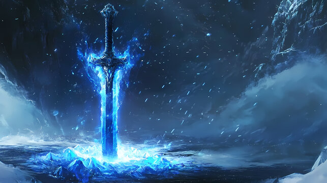 A glowing blue ice sword with a crystalline hilt stands on a swirling icy platform, surrounded by shards and a magical aura. Crystalline Ice Shards. Illustration