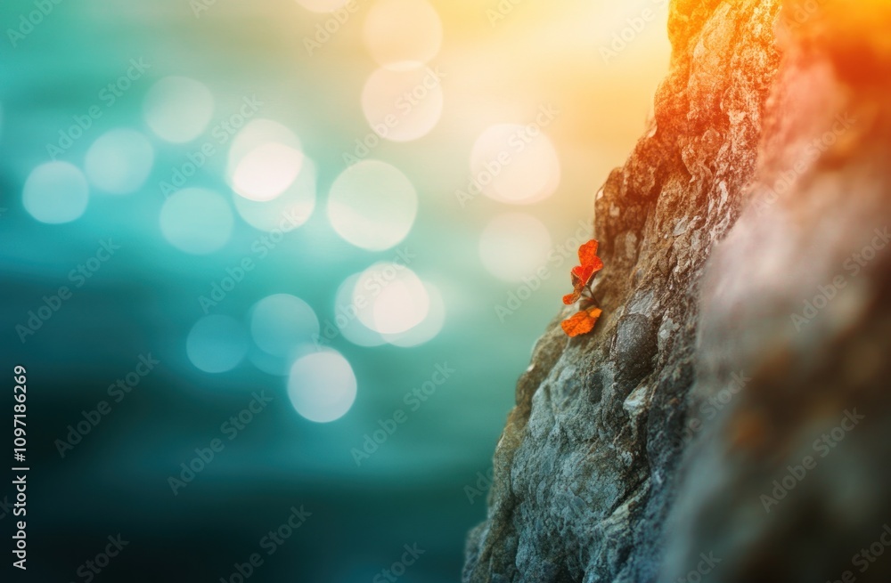 Poster A close-up of a rocky surface with colorful bokeh in the background, evoking tranquility.