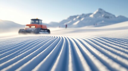 Groomed winter ski slope under bright blue sky with snowcat