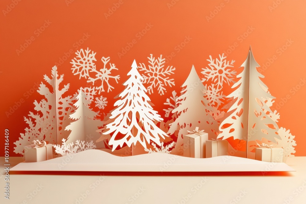 Aufkleber crafted holiday card features intricate cut-out trees and snowflakes, creating a festive winter scen
