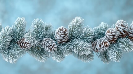 Frosted pine garland with lights on light blue background
