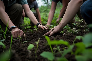 Fototapeta premium Hands planting in soil, emphasizing teamwork and connection to nature.