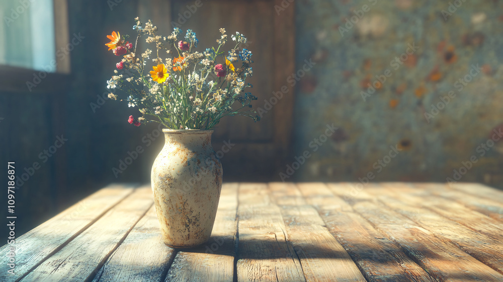 Poster Dried flowers in a rustic vase on a weathered wooden table are bathed in sunlight from a nearby window, creating a colorful display