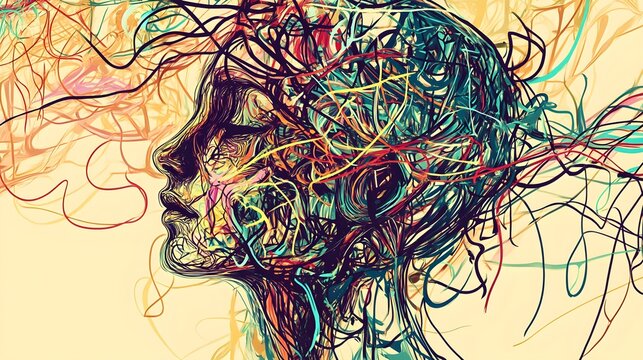 complicated abstract mind illustration empty head with messy line inside tangled scribble doodle vector path design