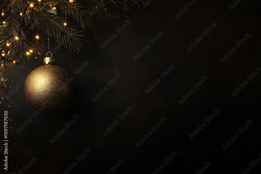 Poster a golden ornament glimmers on a pine branch, surrounded by soft twinkling lights, creating a festive