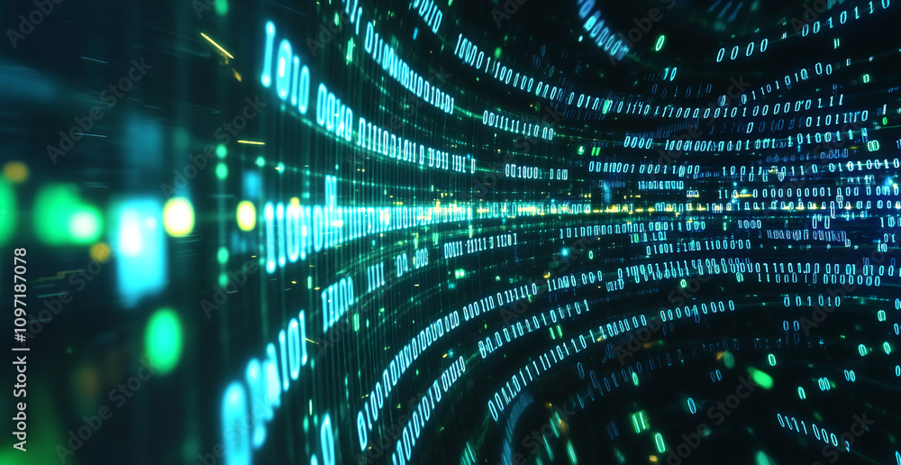 Aufkleber Digital data flows through a network of binary code in a futuristic environment