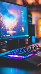 gaming computer on desk in video gamer room with neon lights gaming pc monitor with abstract interface of computer game workstation of gaming streamer on table work station with neon cooler esport