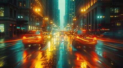 Obraz premium Rainy night city street, blurred traffic, urban scene.