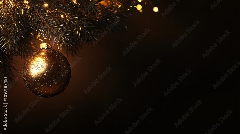 Poster a golden christmas ornament glimmers on a pine branch, illuminated by warm lights, creating a festiv