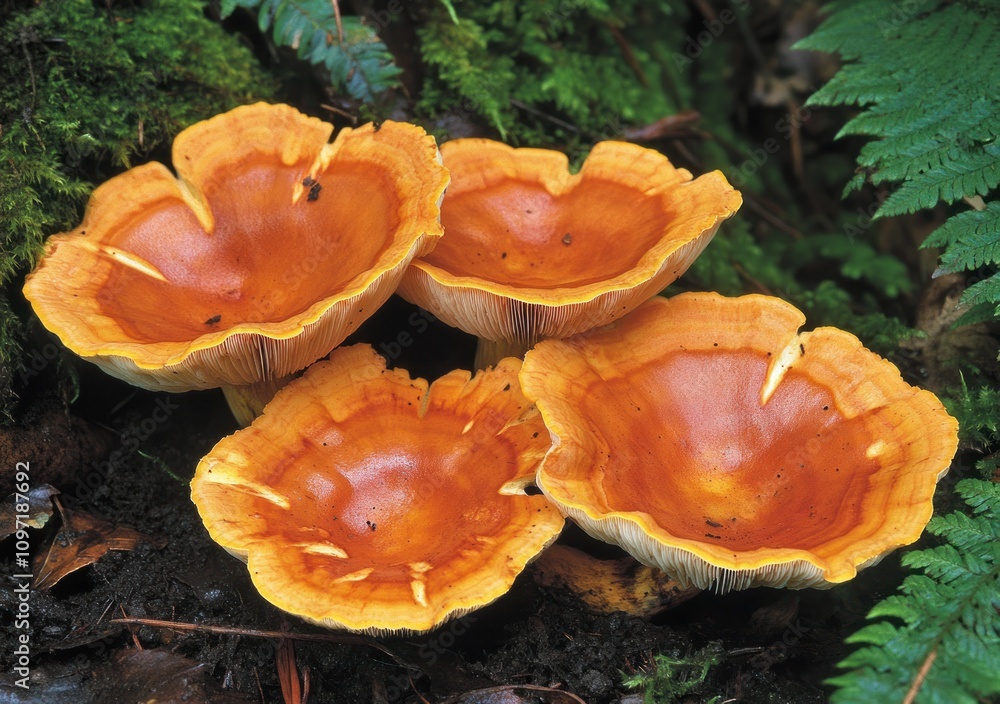 Poster a cluster of vibrant orange mushrooms with a unique shape in a forest setting.