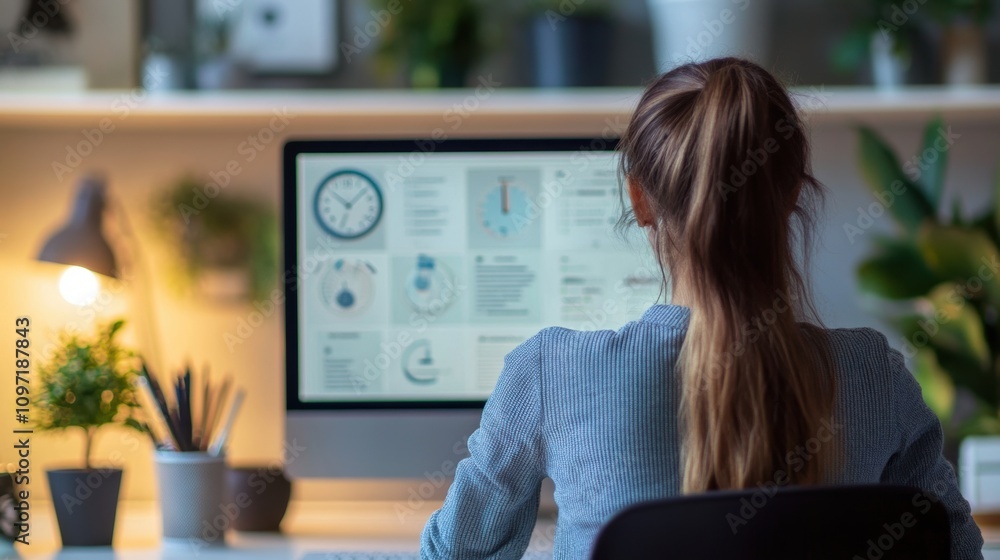Poster woman analyzing data charts on a computer in a home office. remote work and productivity concept.