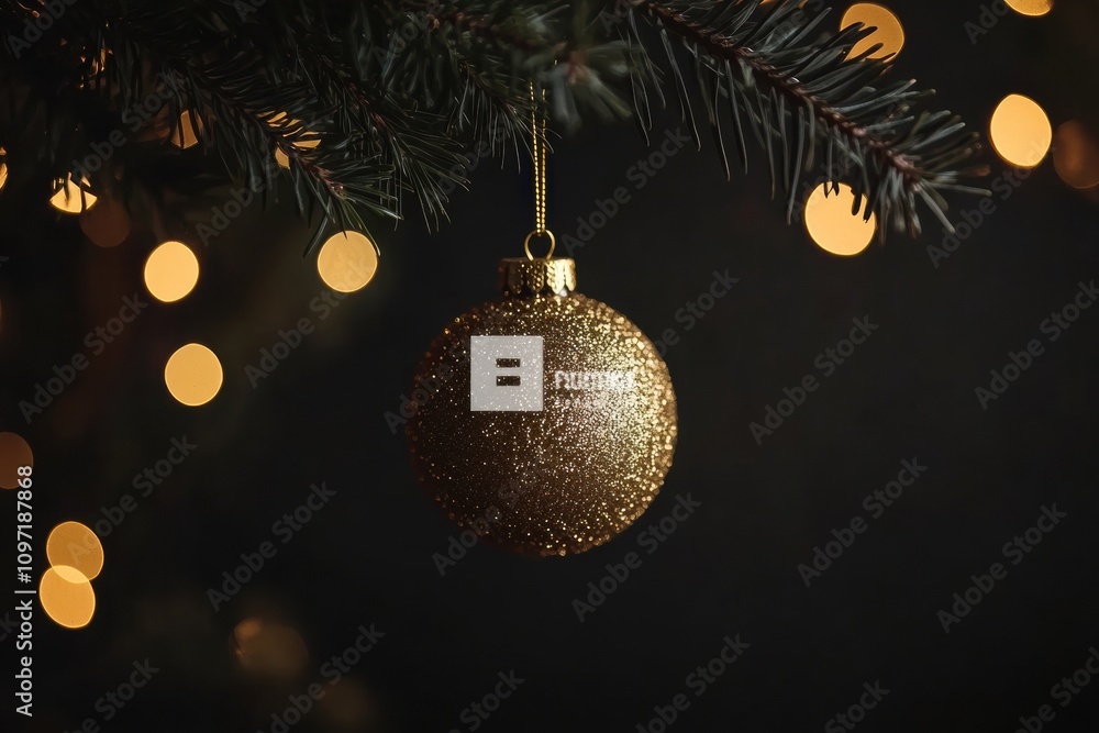 Aufkleber a golden ornament shines brightly as it dangles from a lush pine branch, surrounded by soft, glowing