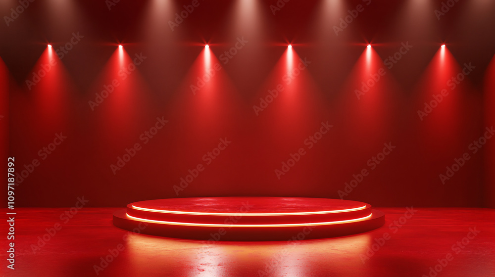 Aufkleber dramatic atmosphere created by spotlights illuminating a red podium on a stage in an empty room