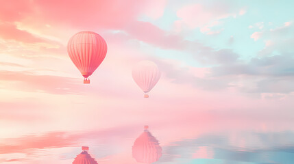 Fototapeta premium Serene hot air balloons in pastel skies, with double exposure blending in faint reflections of water, creating a calm, reflective mood. Pastel Balloon Skies. Illustration
