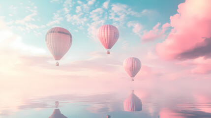 Fototapeta premium Serene hot air balloons in pastel skies, with double exposure blending in faint reflections of water, creating a calm, reflective mood. Pastel Balloon Skies. Illustration