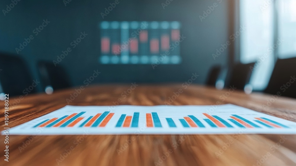 Aufkleber printed business chart with bar graphs placed on a wooden conference table, blurred office backgroun