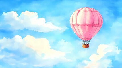 Fototapeta premium Hand painted watercolor of a pastel hot air balloon floating in the sky with soft clouds. Pastel Balloon Skies. Illustration