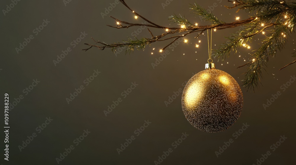 Poster a golden ornament hangs elegantly from a pine branch, surrounded by soft glowing lights, creating a 