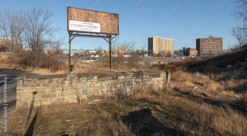 Poster An abandoned billboard near overgrown land and buildings in a desolate urban environment.
