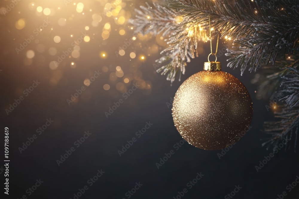 Aufkleber a golden ornament glimmers brightly as it dangles from a pine branch, surrounded by soft glowing lig