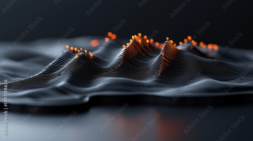 Poster abstract black 3d waves with glowing orange points on a dark background. futuristic data visualizati