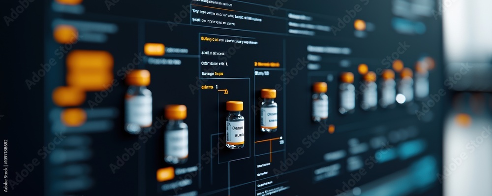 Aufkleber vials with orange caps displayed on a digital data interface