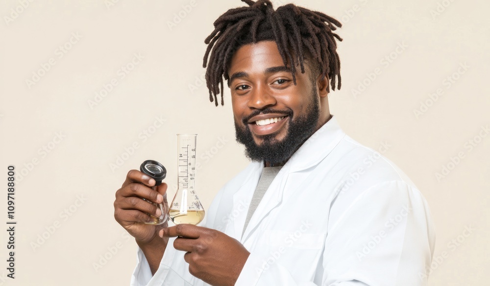 Poster a smiling scientist in a lab coat holds a flask and a measuring cylinder, showcasing experiments.