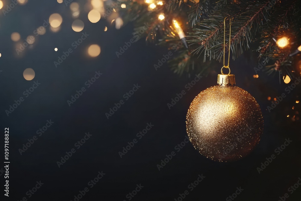 Leinwandbilder a golden christmas ornament glimmers while hanging from a pine branch, illuminated by soft warm ligh