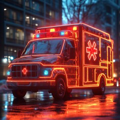 An illuminated ambulance on a wet street, showcasing emergency response features.