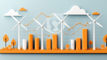 Obraz premium Wind turbines and orange bar and line charts on a light blue background. 3D illustration with sustainable energy concept.