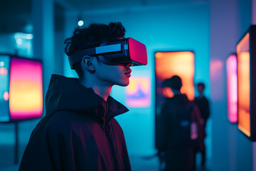 A young man wearing VR glasses explores a futuristic exhibition space filled with vibrant neon lights and digital art installations, blending the worlds of virtual reality and modern creativity 
