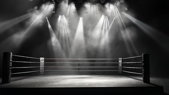 Illuminated boxing ring awaits fighters in an empty arena