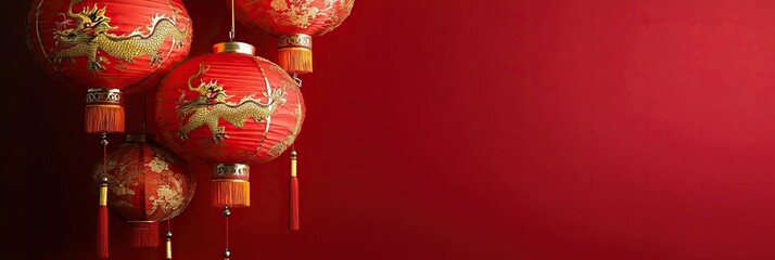 Traditional red lanterns with gold dragon patterns hanging on red background for chinese new year banner concept